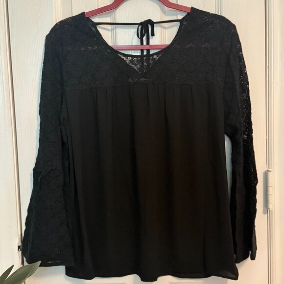 Black Lace Bell Sleeve Blouse | Size Medium | LOFT - Picture 1 of 11